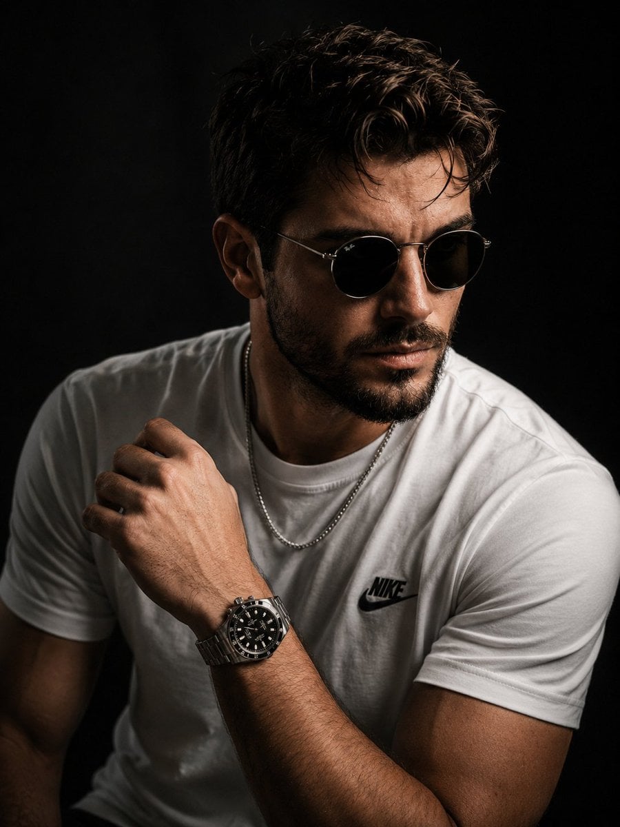 Ultra-realistic luxury male portrait, inspired by a fusion of modern fashion editorials a…