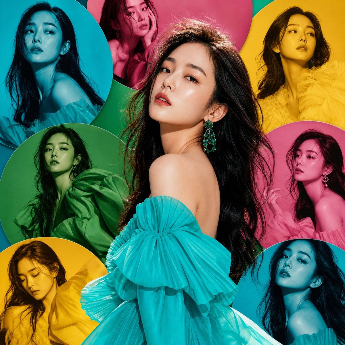 High-fashion vertical editorial artwork featuring an elegant Korean woman with flawless l…