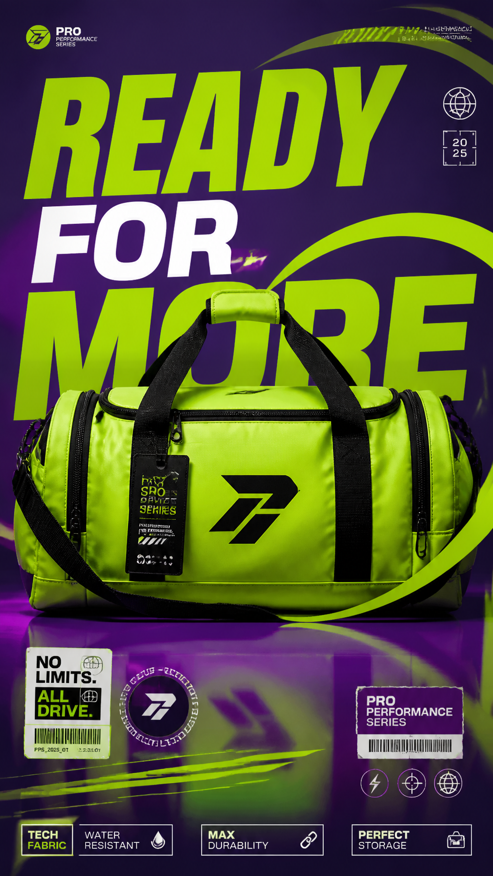 A premium 9:16 sports accessories advertising poster.Central Subject:A single neon-green …