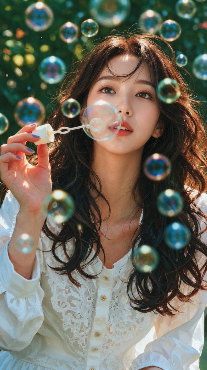 Ultra-realistic cinematic portrait of a beautiful young East Asian woman outdoors in a lu…