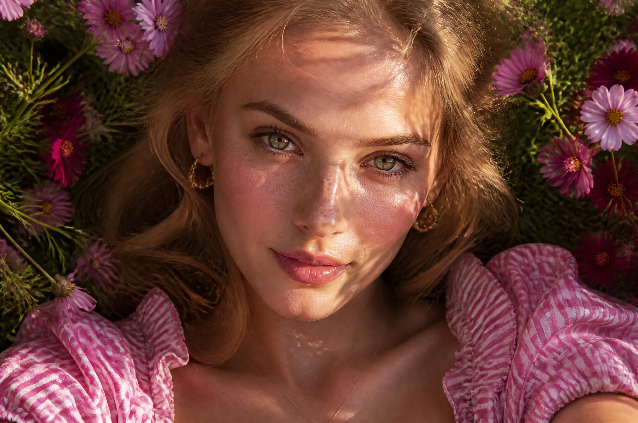 Ultra-realistic fashion beauty portrait of a stunning young Russian woman with soft golde…