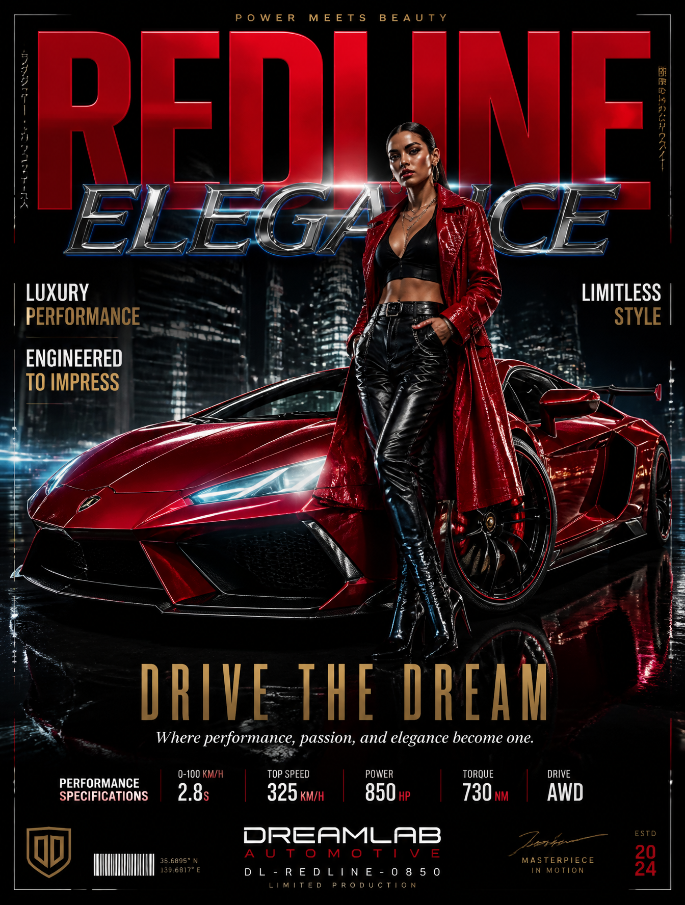 Ultra-premium automotive fashion poster featuring a stunning glossy red sports car parked…