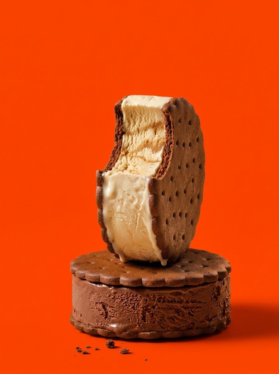 A studio food still-life of two chocolate ice-cream sandwiches stacked: