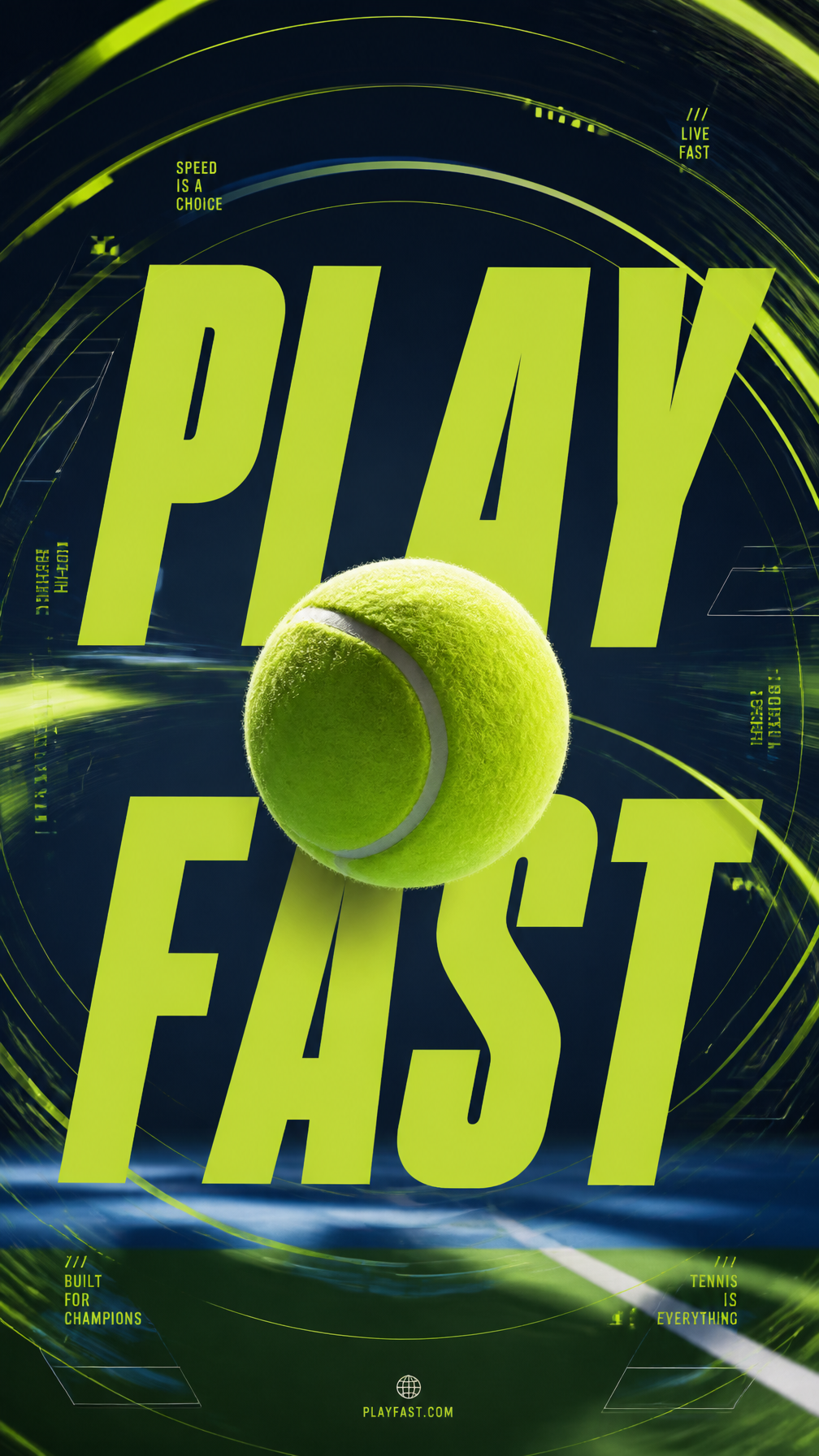 A premium commercial sports campaign poster.Central Subject:A single tennis ball suspende…