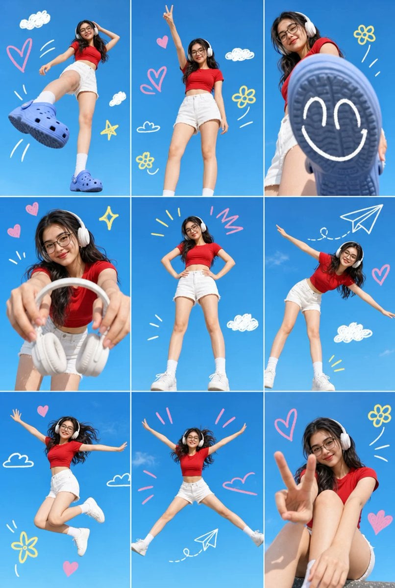 A 3x3 grid collage containing nine separate photos of a single young Asian woman From the…