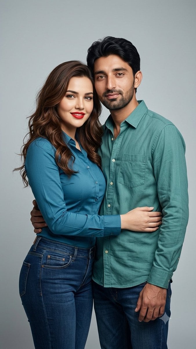 A stylish young couple posing together in a professional studio photoshoot, standing clos…