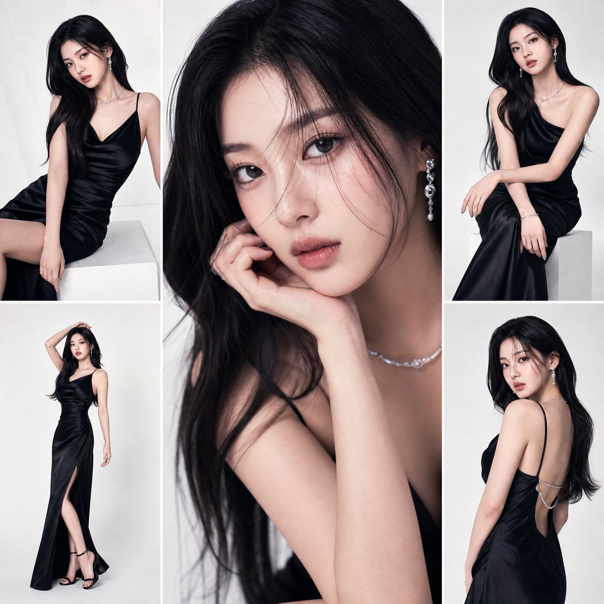A high-fashion studio editorial featuring a K-pop idol in a multi-panel clean grid. One b…