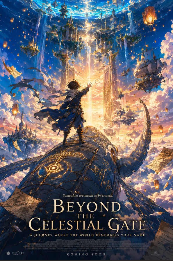A breathtaking anime fantasy movie poster in portrait format. A young girl in a flowing i…