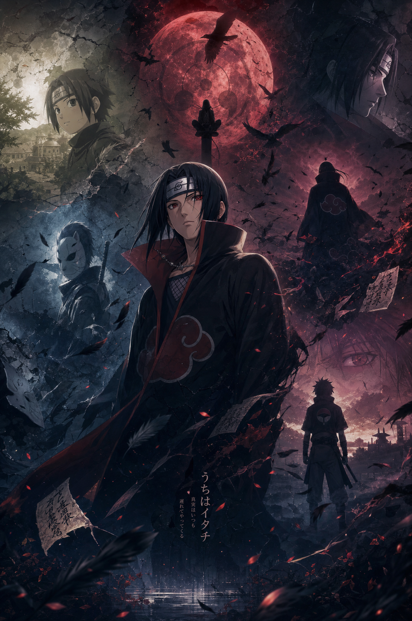Character: Itachi UchihaDesign a cinematic narrative growth poster centered on Itachi Uch…