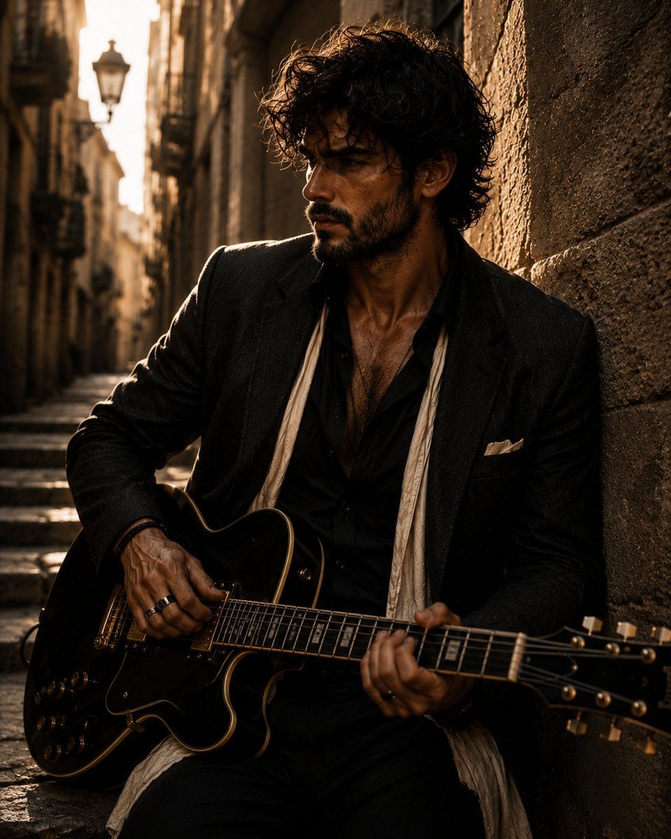 Create a hyper-realistic cinematic portrait of an intense, stylish man with a guitar in h…