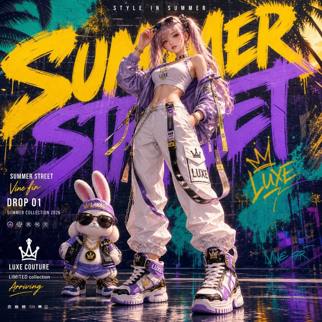 Generate a vertical 4:5 high-end streetwear fashion poster featuring a "luxury summer str…