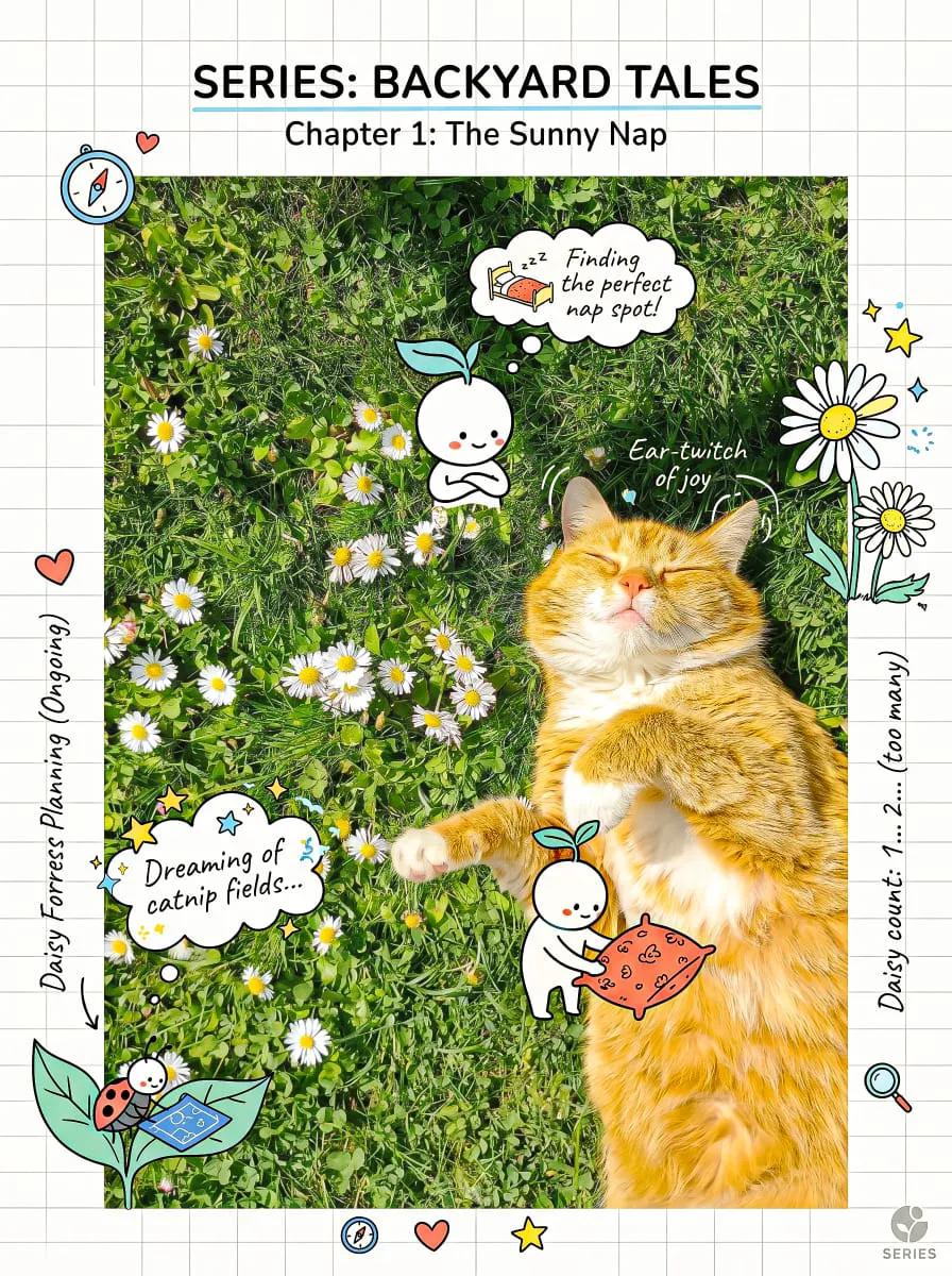 Create a cheerful, creative composition that blends a realistic subject with playful hand…