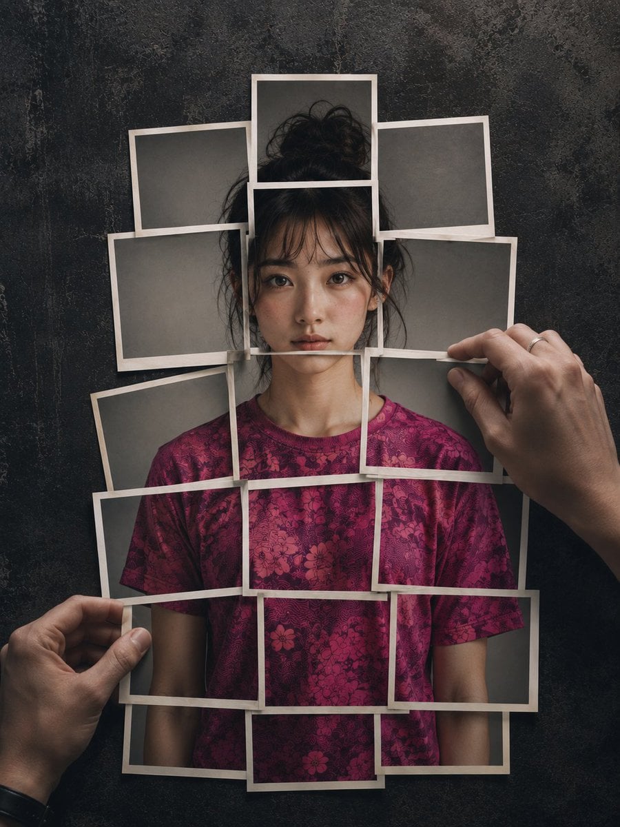 Hyperrealistic 8K photograph of a human figure composed of instant photographic prints la…