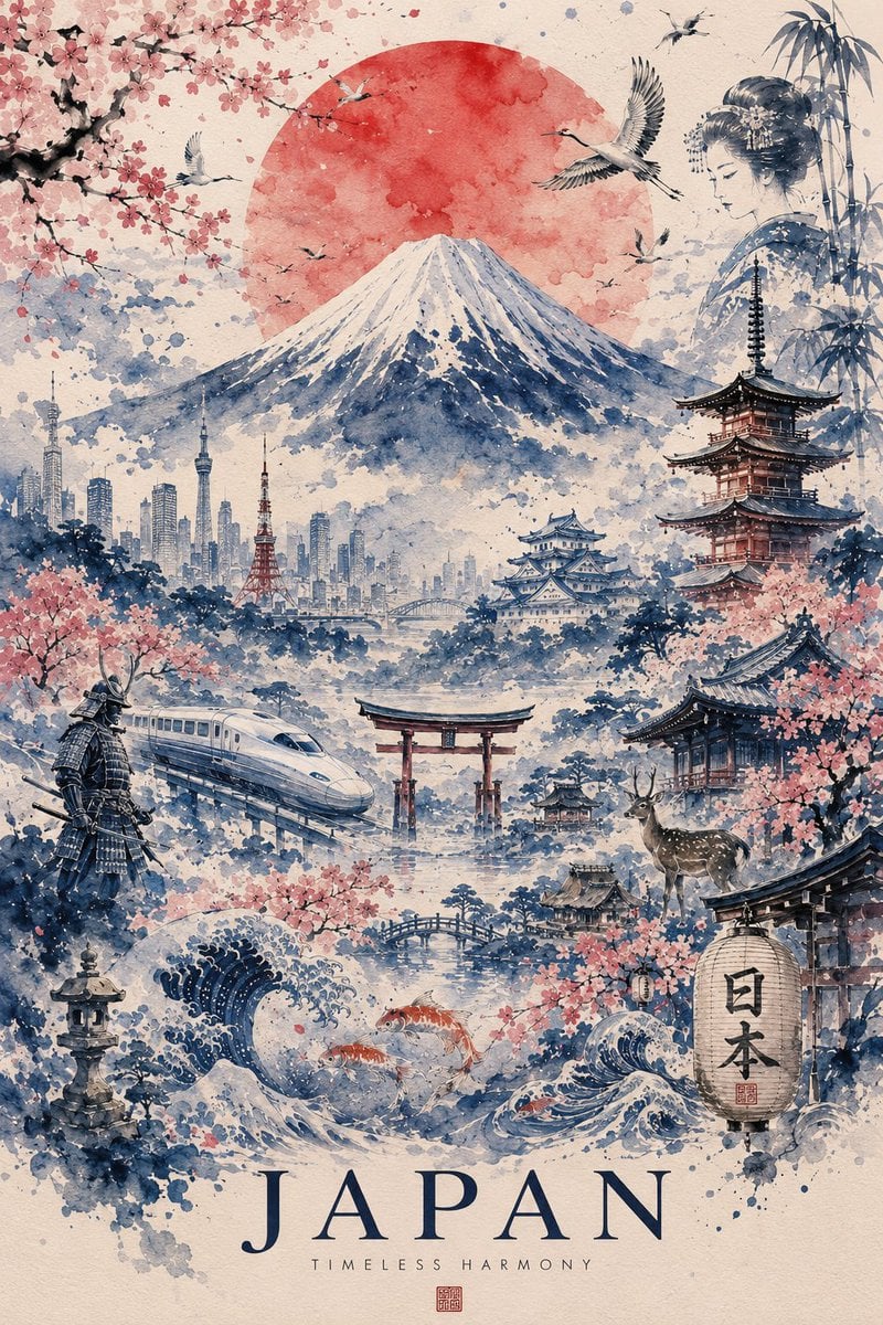 Ultra-detailed watercolor travel poster of Japan, painted in a refined traditional Japane…