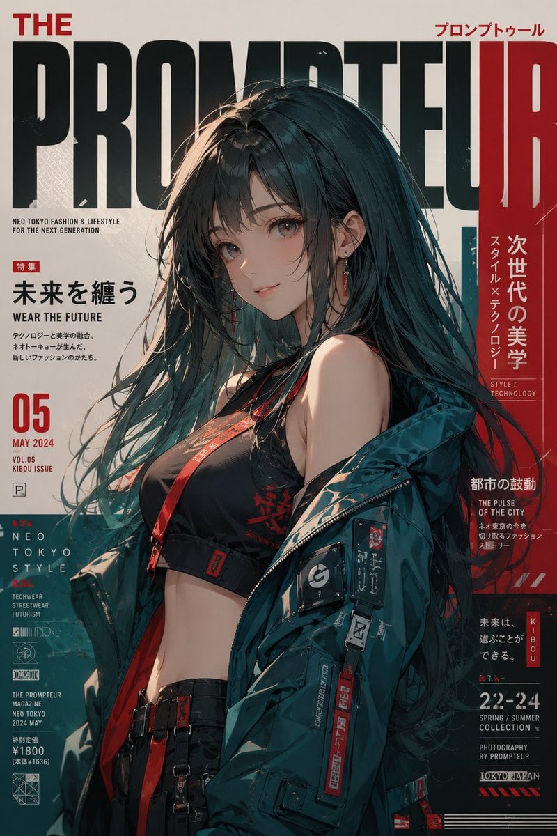 Ultra-premium Neo Tokyo fashion magazine cover, editorial anime realism, 8K, 2:3 vertical.