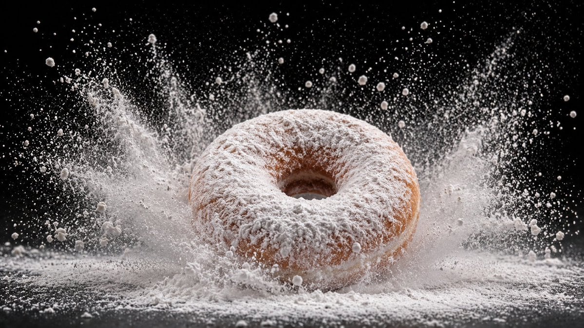 Food Item coated in Powder Sugar Cocoa being dropped or
