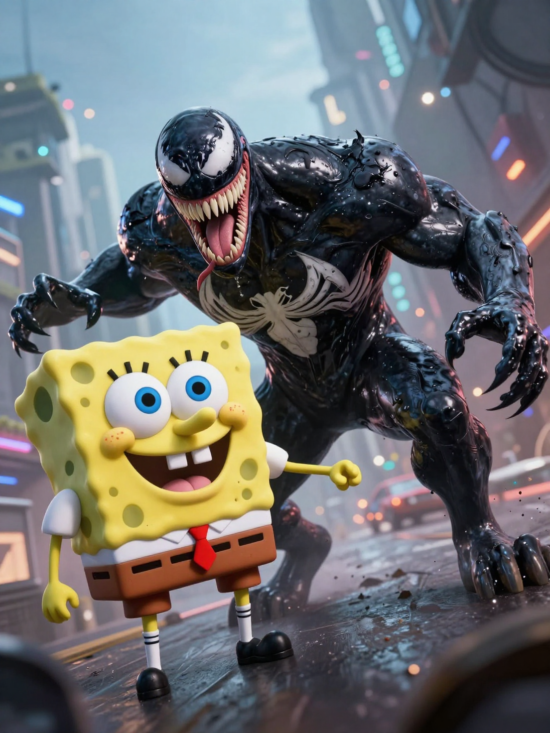 A mix of Venom and Sponge bob! The style is highly detailed, hyperrealistic, cinematic ph…