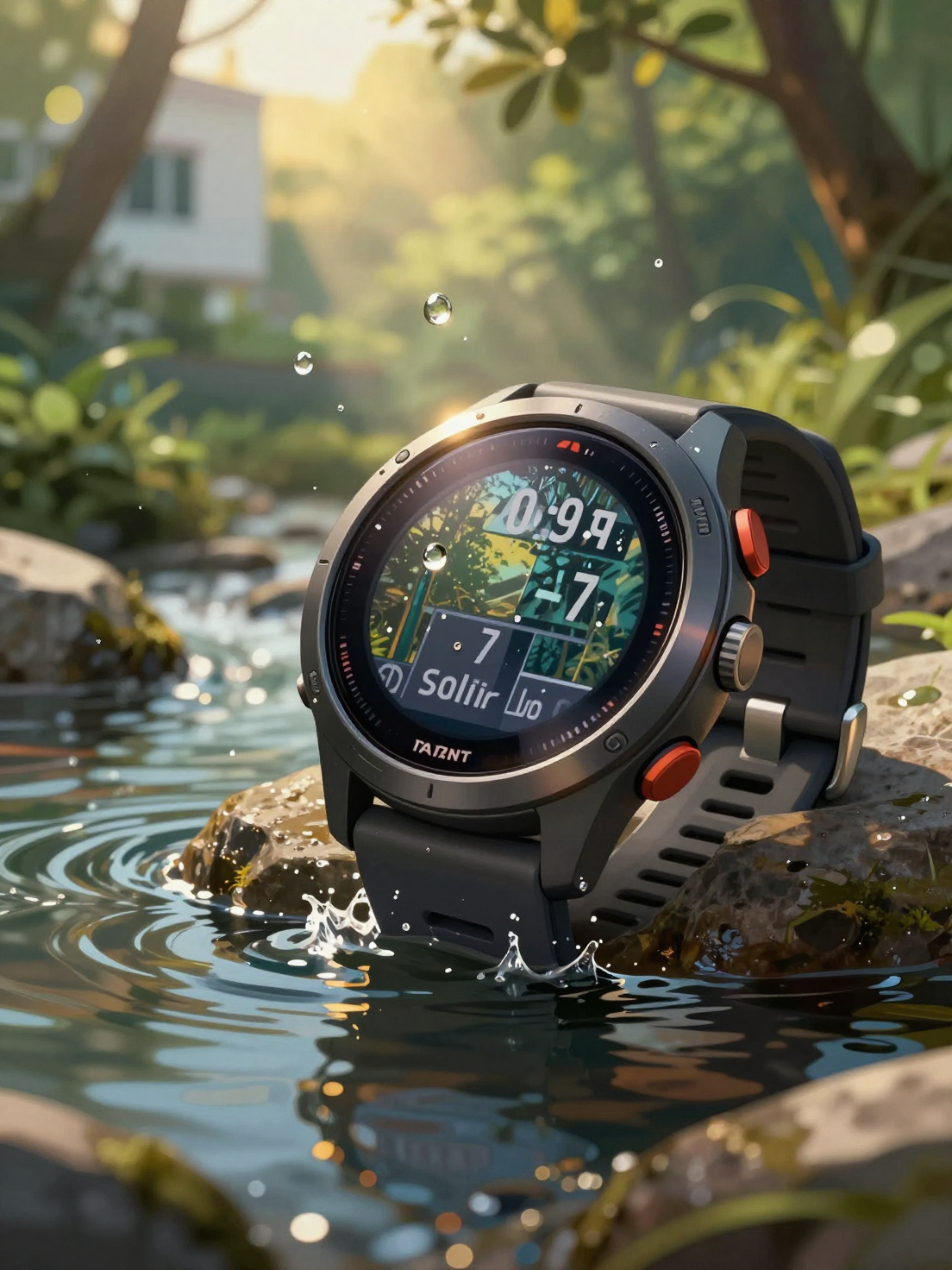 An artistic close-up illustration of a Garmin Tactix 7 Pro Solar watch resting on a damp …