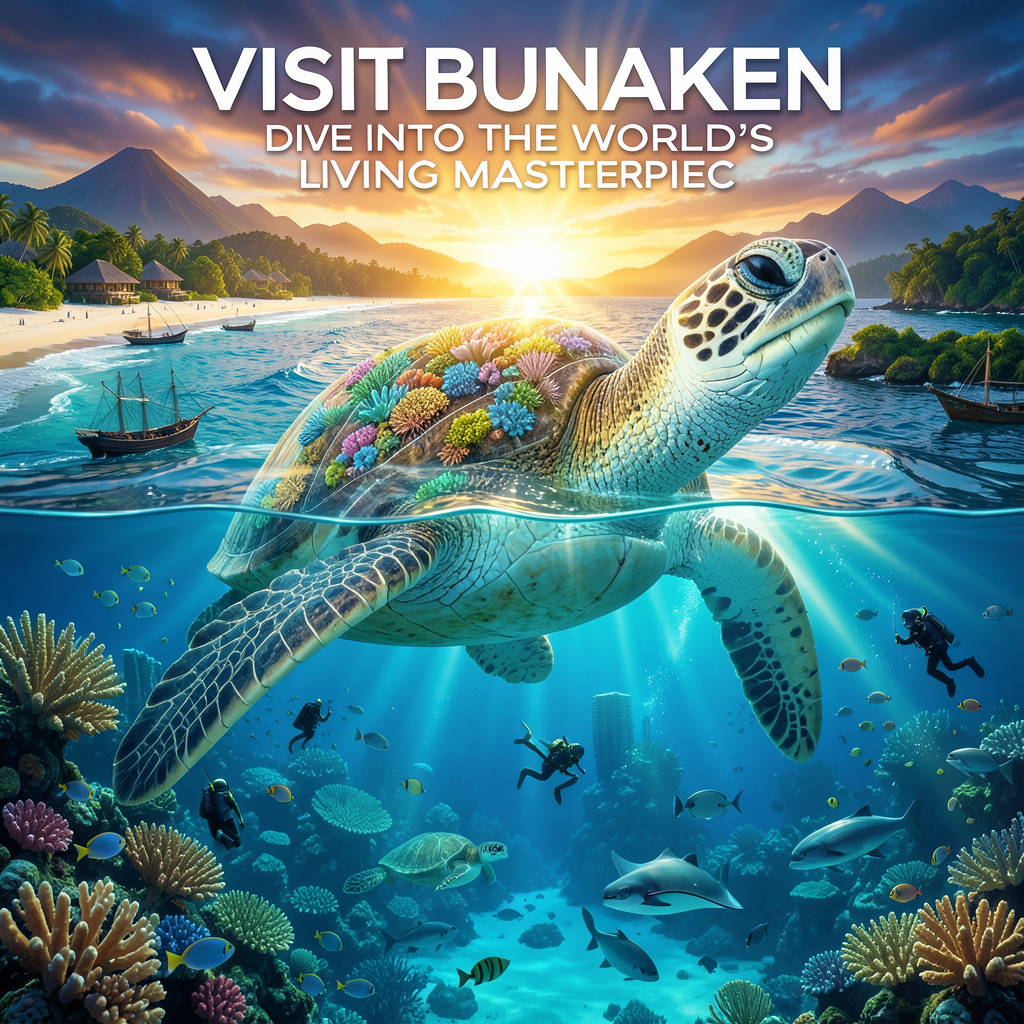 Create a revolutionary tourism poster for Bunaken, Indonesia, where the entire marine par…
