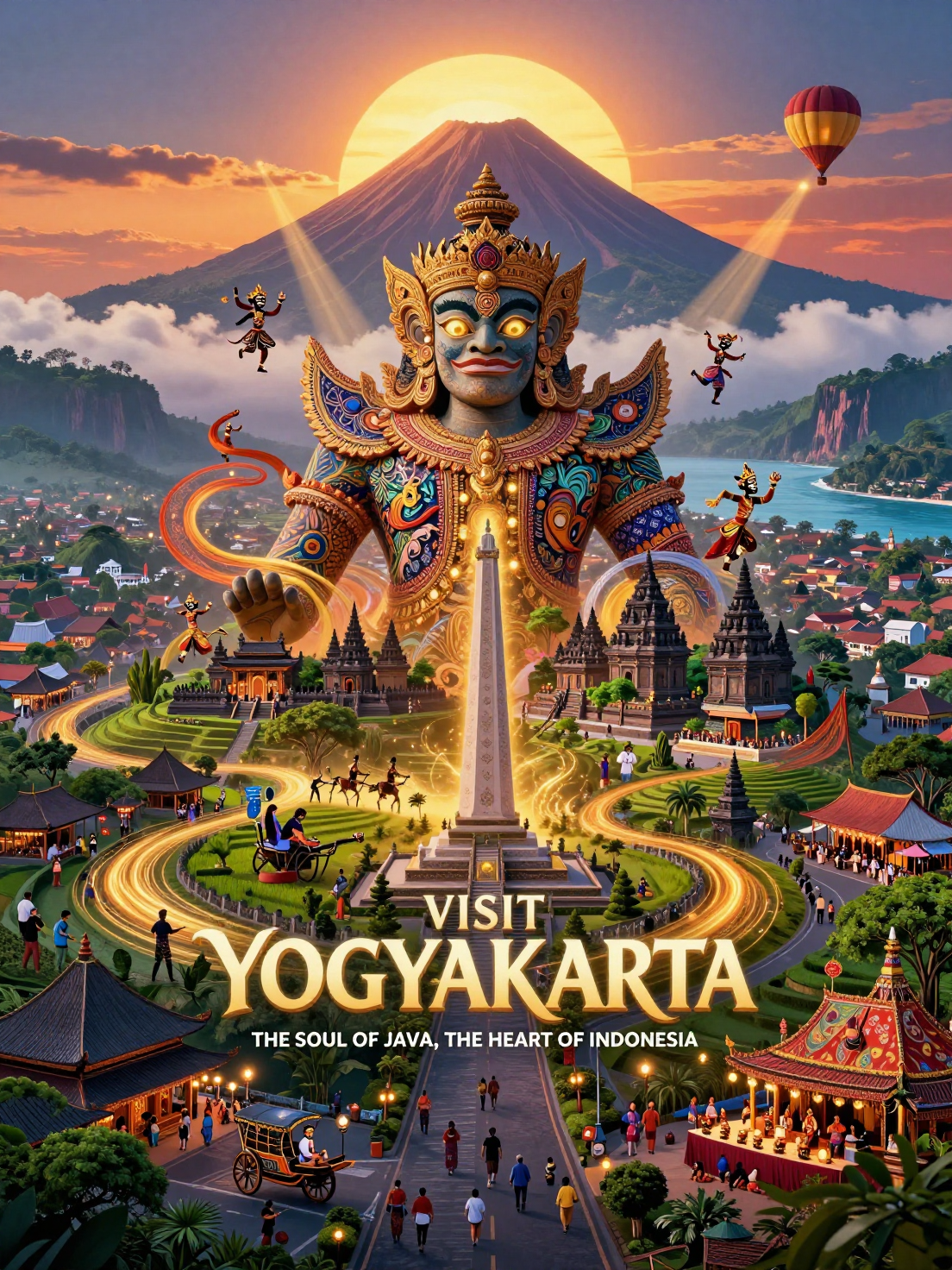 Create a revolutionary tourism poster for Yogyakarta, Indonesia, where the entire region …