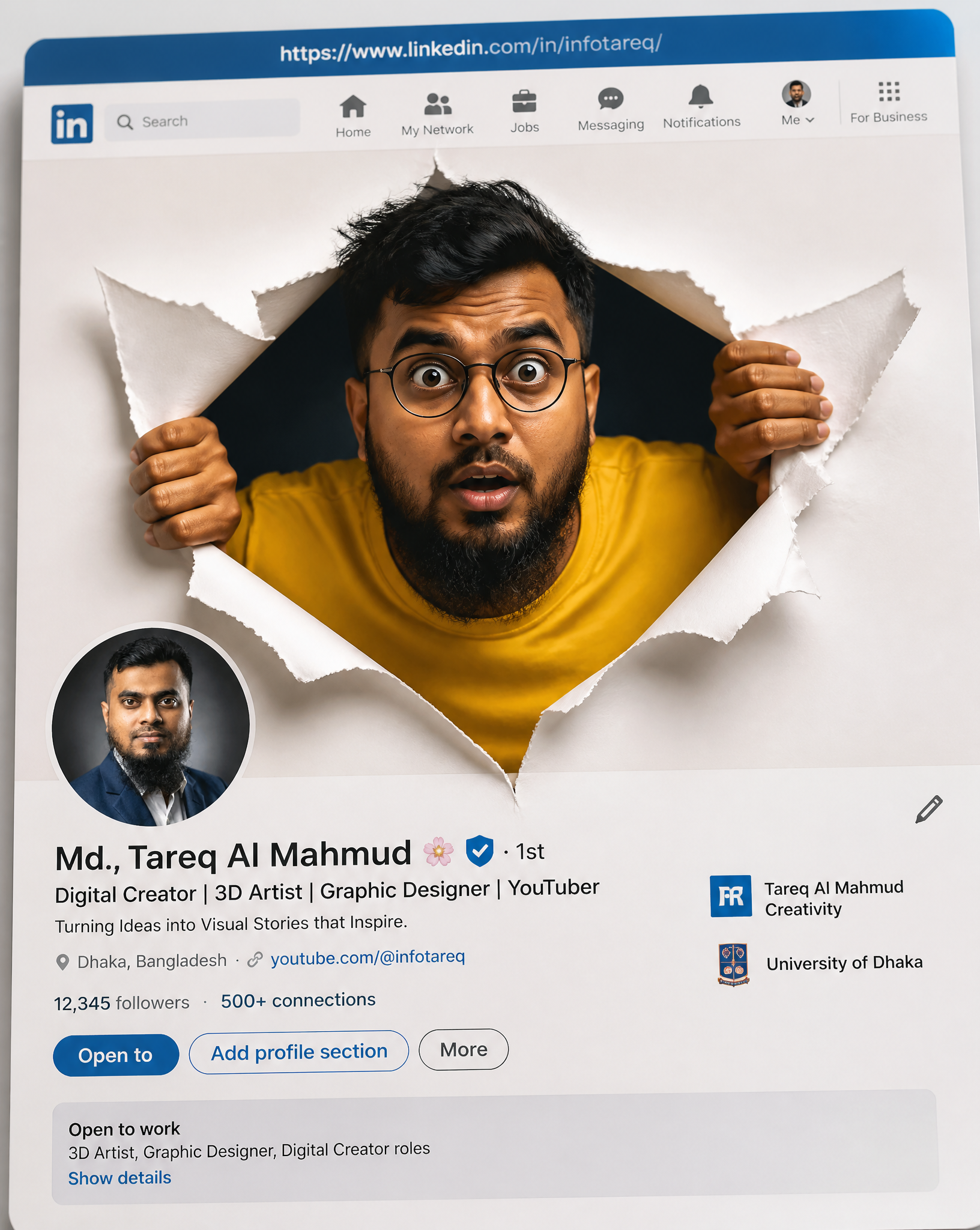 A creative 3D photo manipulation of a social media profile interface, featuring a surpris…