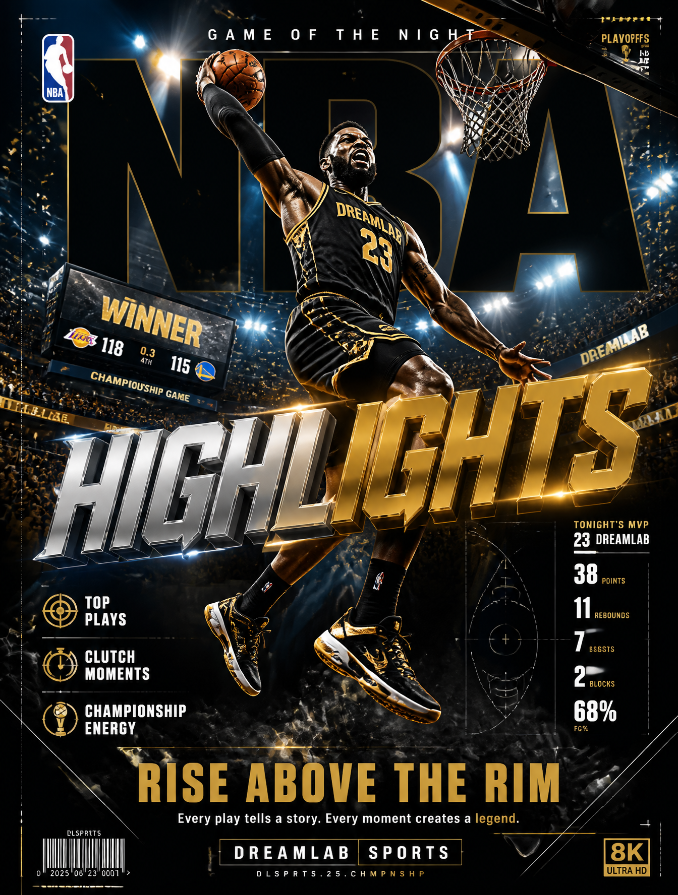 Ultra-premium NBA basketball highlights poster featuring an explosive game-winning moment…
