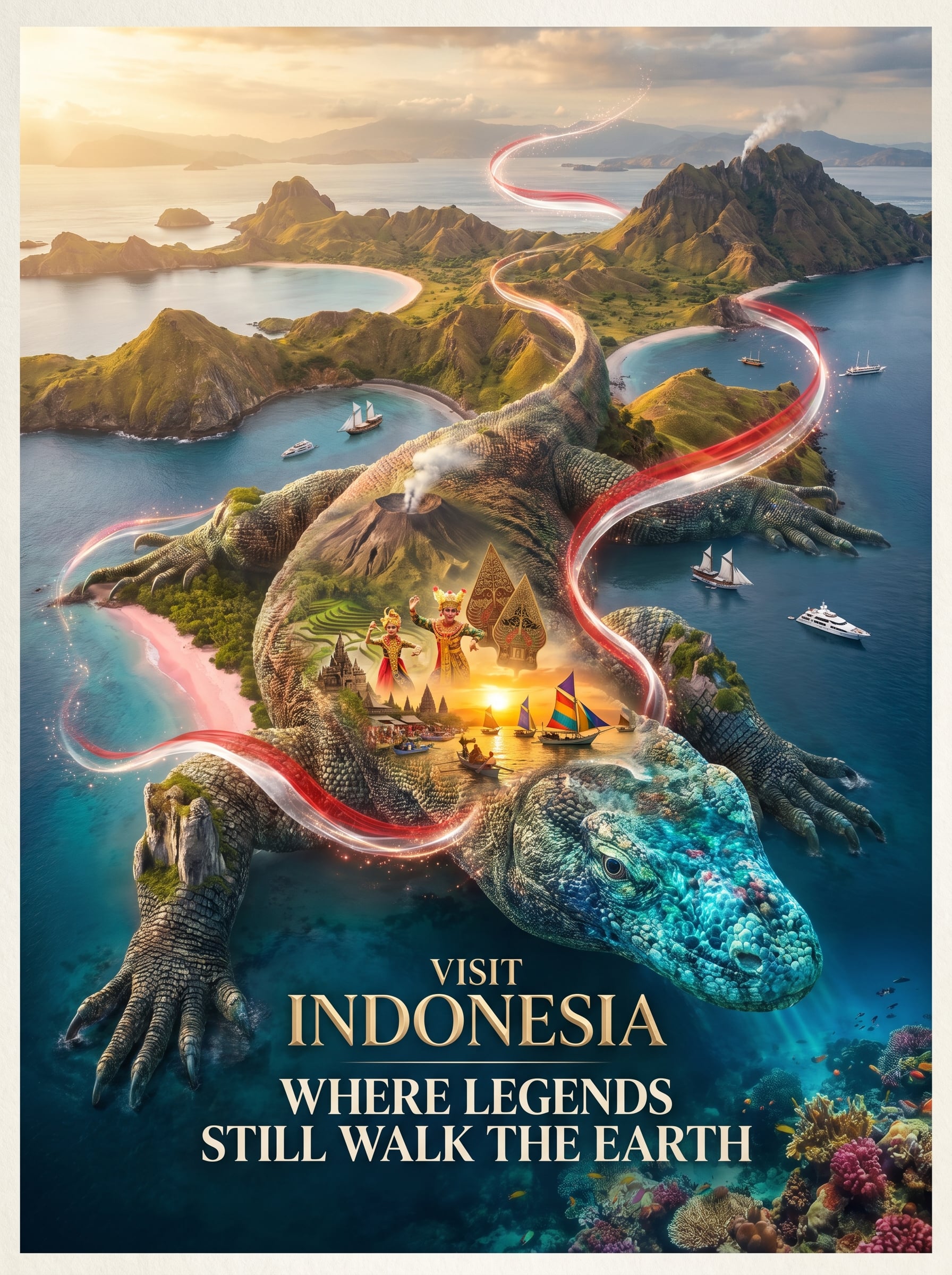 Create a revolutionary tourism poster for Indonesia where the entire Komodo Archipelago i…
