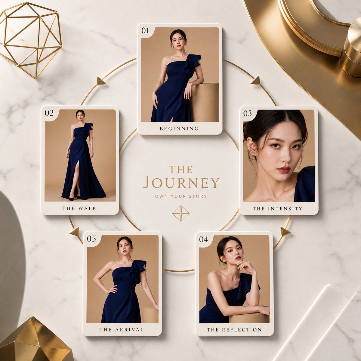 Top-down futuristic editorial composition featuring a circular arrangement of photo cards…