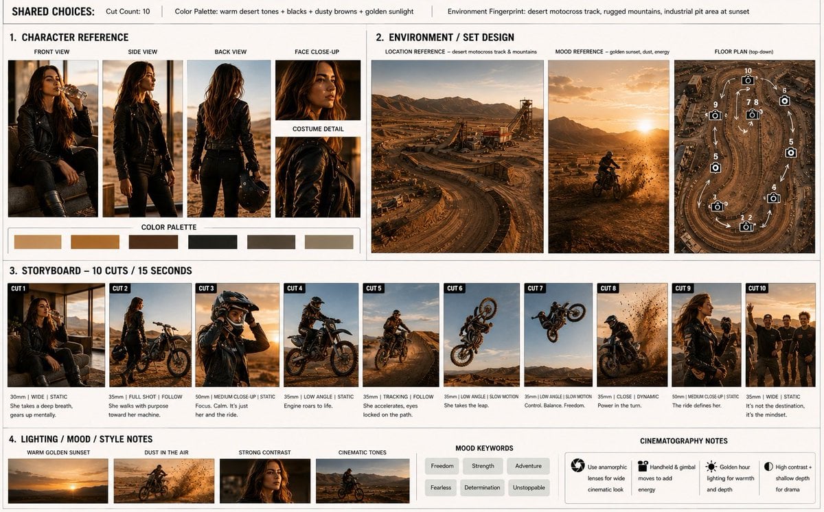 Storyboard sequence, 10 cinematic frames: A stylish young woman relaxes in a modern deser…