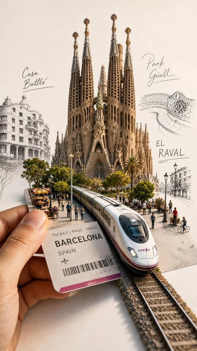 Forced perspective photography, human hand holding vintage travel ticket, miniature high-…
