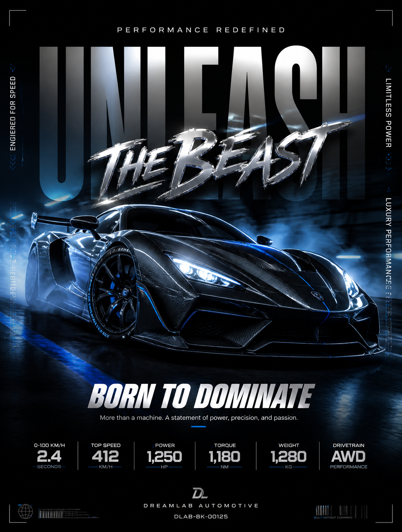 Ultra-premium automotive advertising poster on a dark cinematic background. A breathtakin…