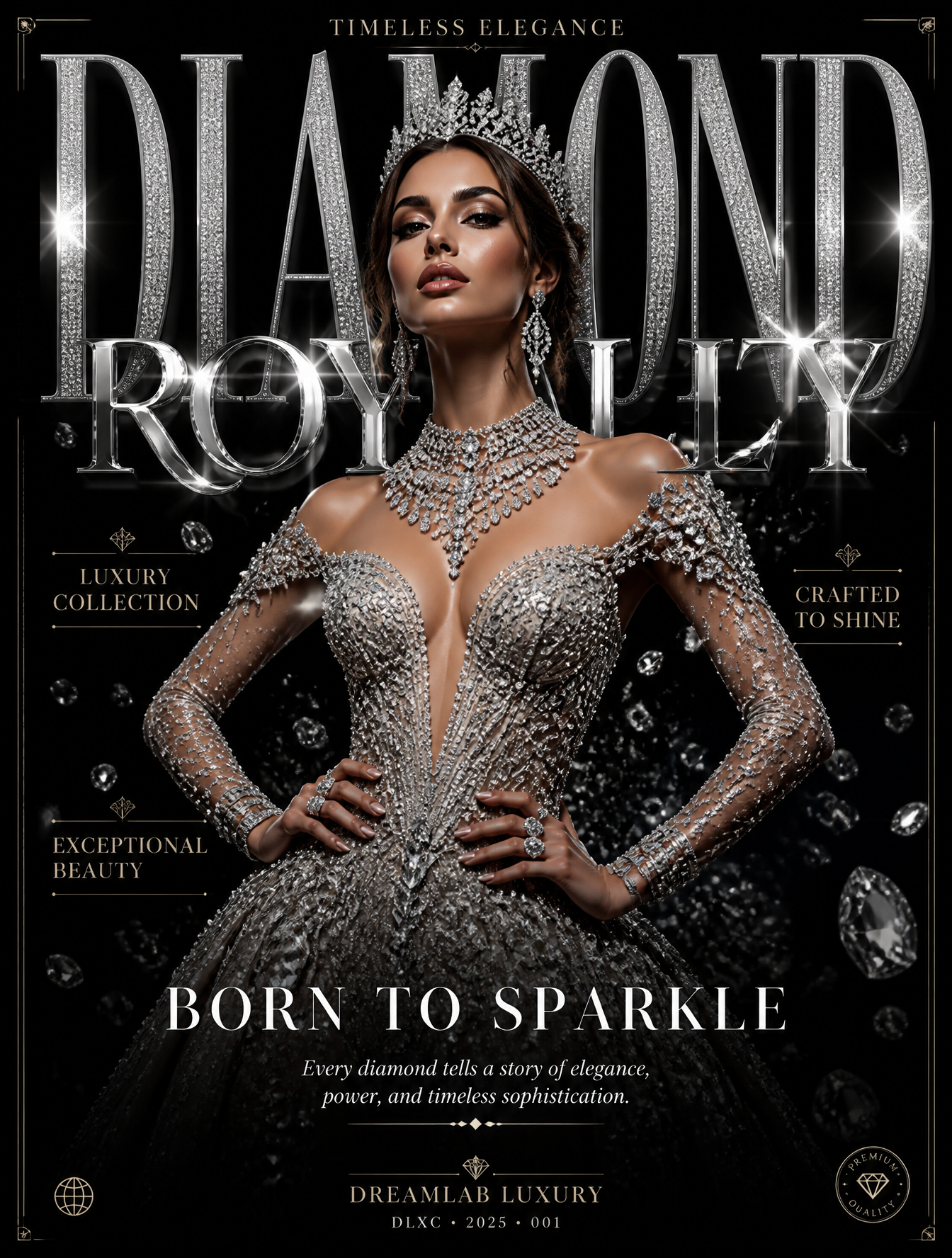 Ultra-luxury fashion editorial poster on a clean black background with subtle diamond dus…