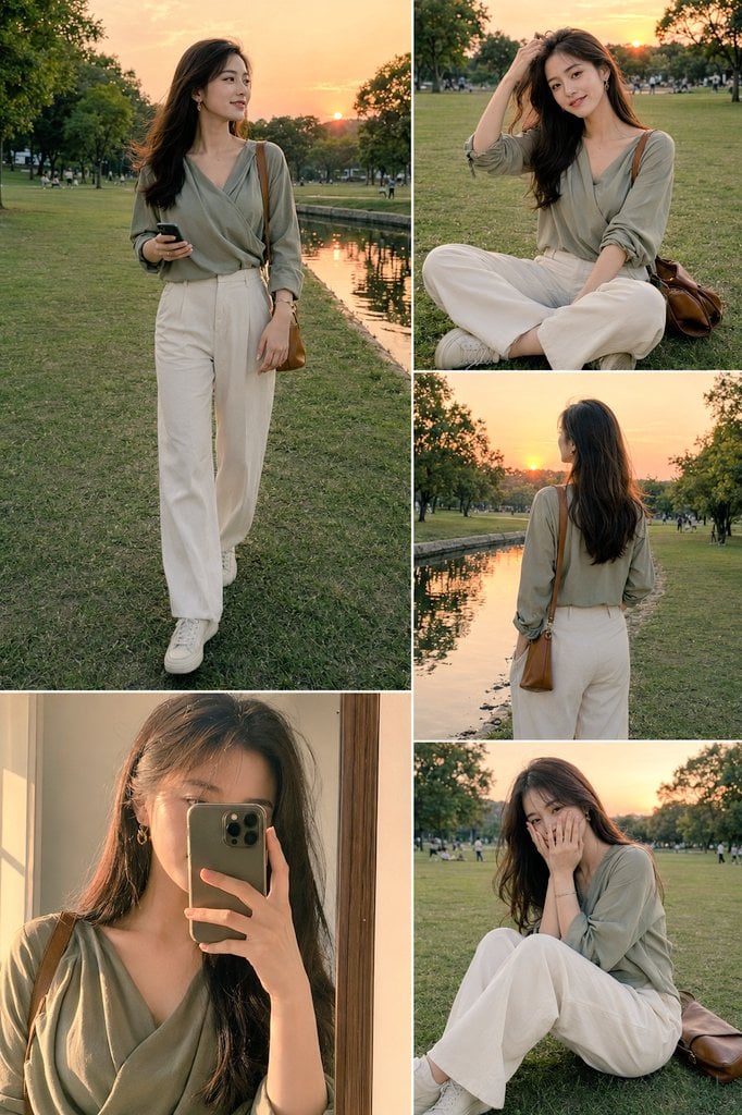 Ultra-realistic cinematic lifestyle fashion collage of a beautiful young Asian woman in a…