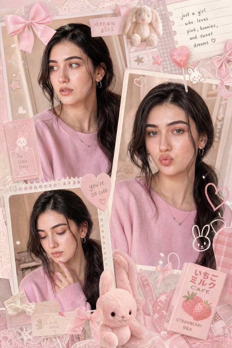 A dreamy multi-frame pastel pink aesthetic collage featuring a cute young girl with long …