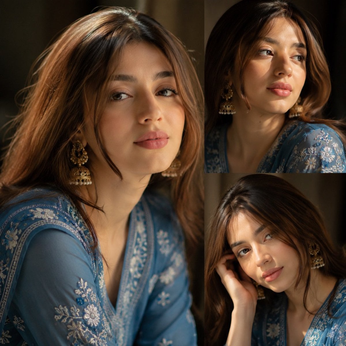 Ultra-realistic South Asian female portrait collage, three-photo layout, beautiful young …