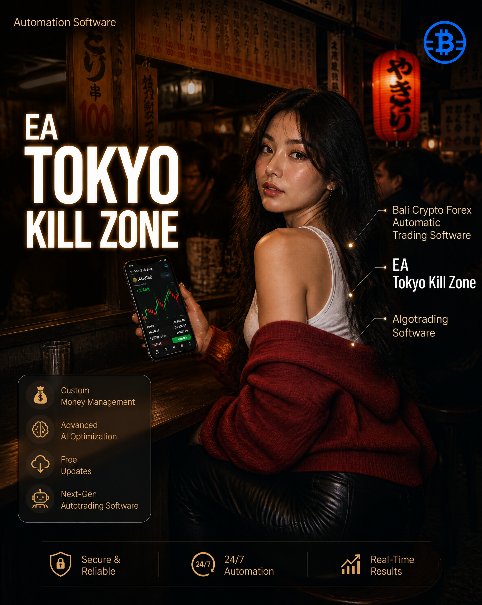 Advertisement poster for “BALI CRYPTO FOREX” product: EA Tokyo Kill Zone, vertical 4:5 co…