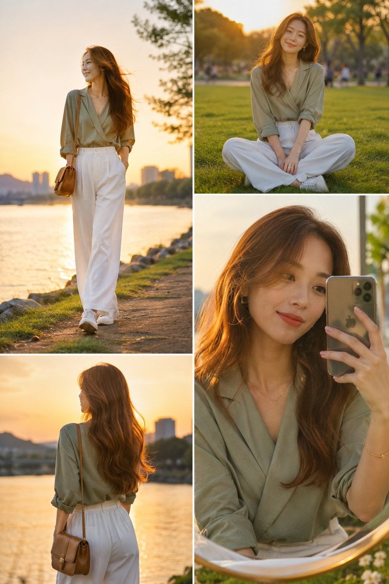 A high-fashion editorial collage of a stylish East Asian woman at a scenic park during a …