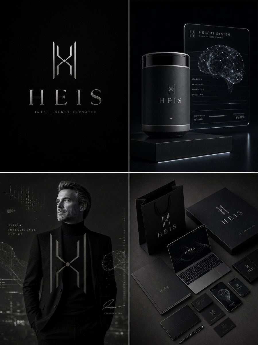 Luxury AI brand identity board for "[Brand Name]", ultra-premium artificial intelligence …