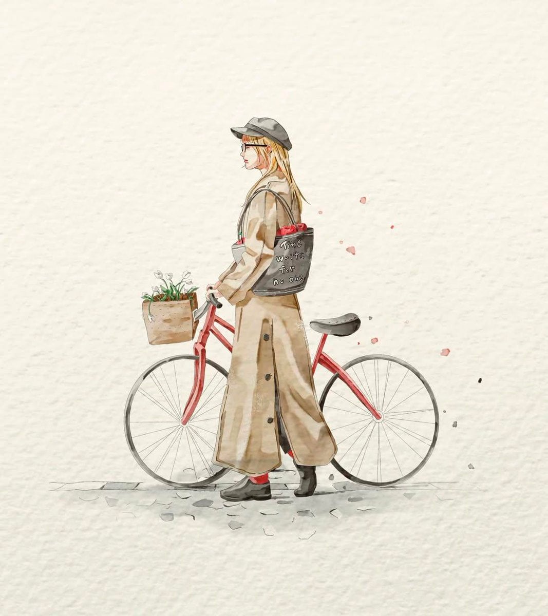 A delicate watercolor fashion illustration on textured off-white handmade paper. A young …