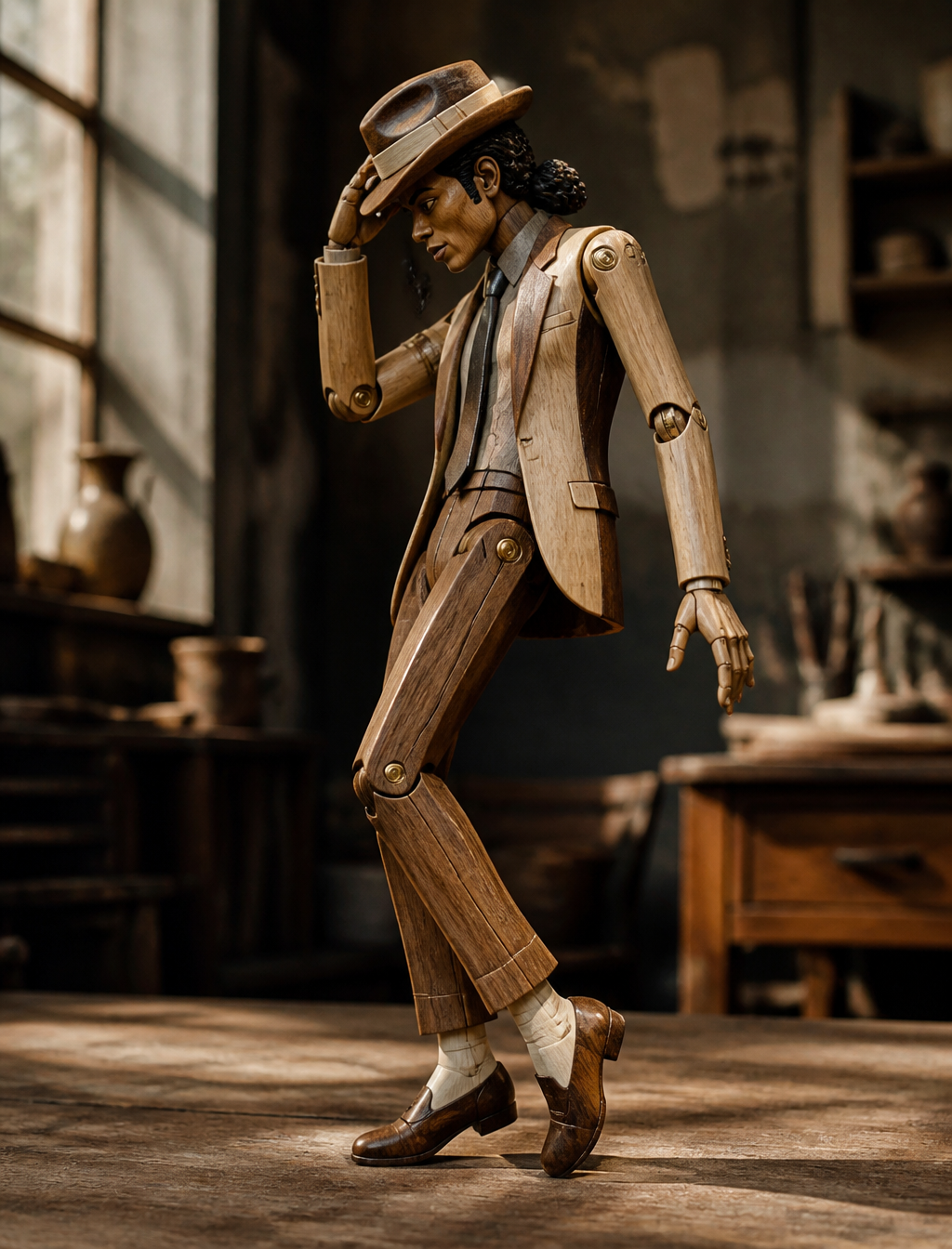 Subject and Movement: A delicate wooden automaton, depicting Michael Jackson's iconic sig…