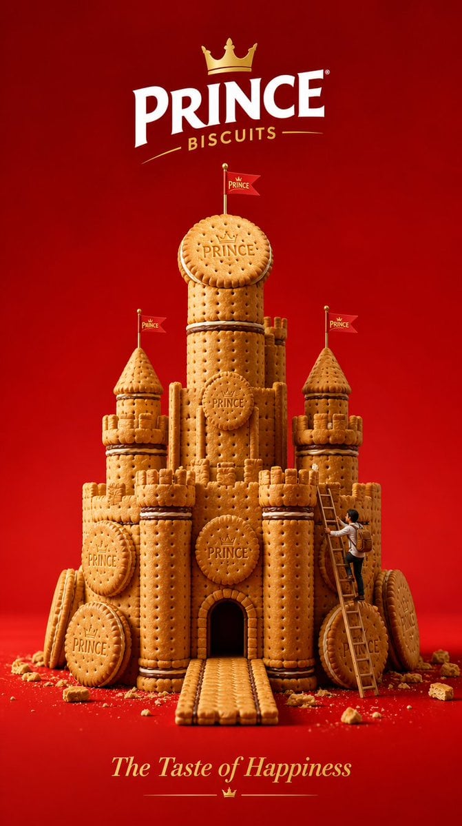 Design a minimalist luxury 3D advertising poster for Prince Biscuits.