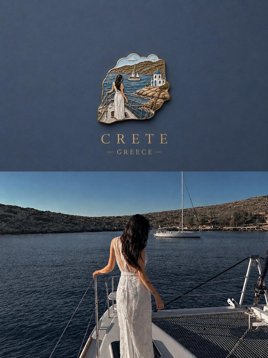 Create a premium travel poster featuring a miniature 3D souvenir badge floating on a clea…