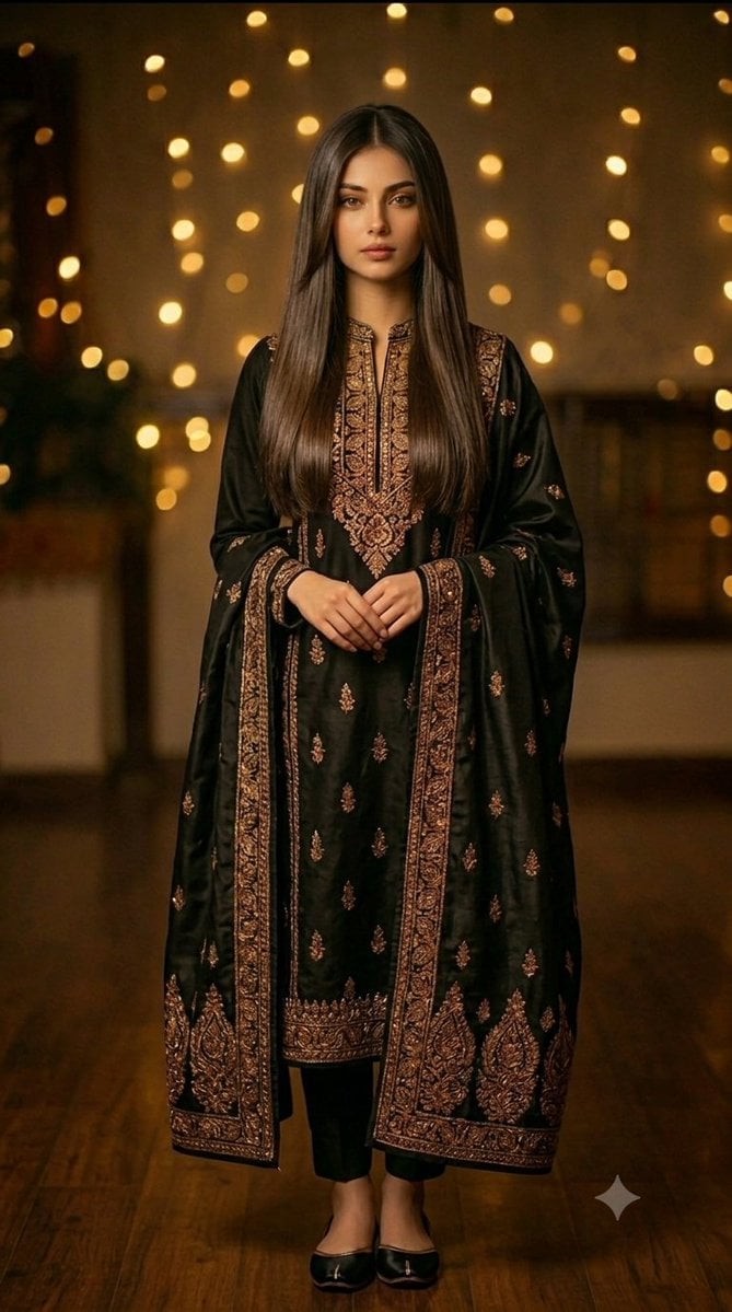 Full-length fashion editorial photography of a beautiful young South Asian woman with lon…