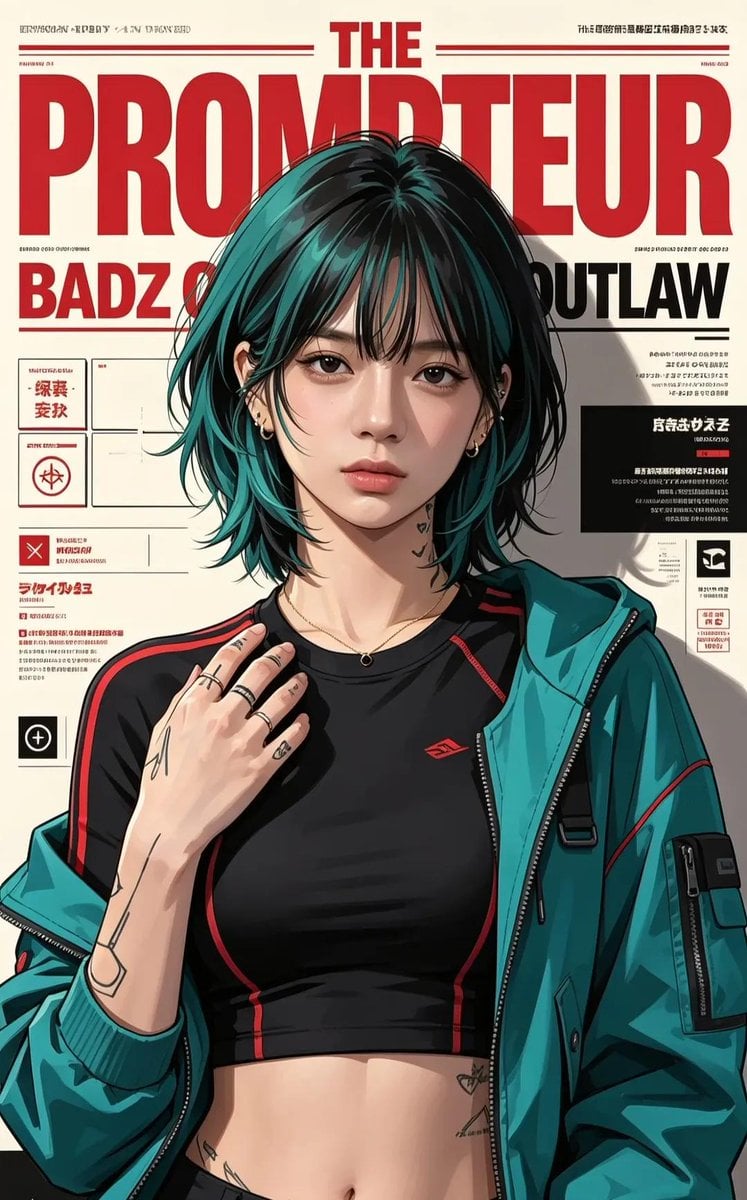 Ultra-detailed anime/editorial magazine cover illustration of a stylish cyberpunk-inspire…