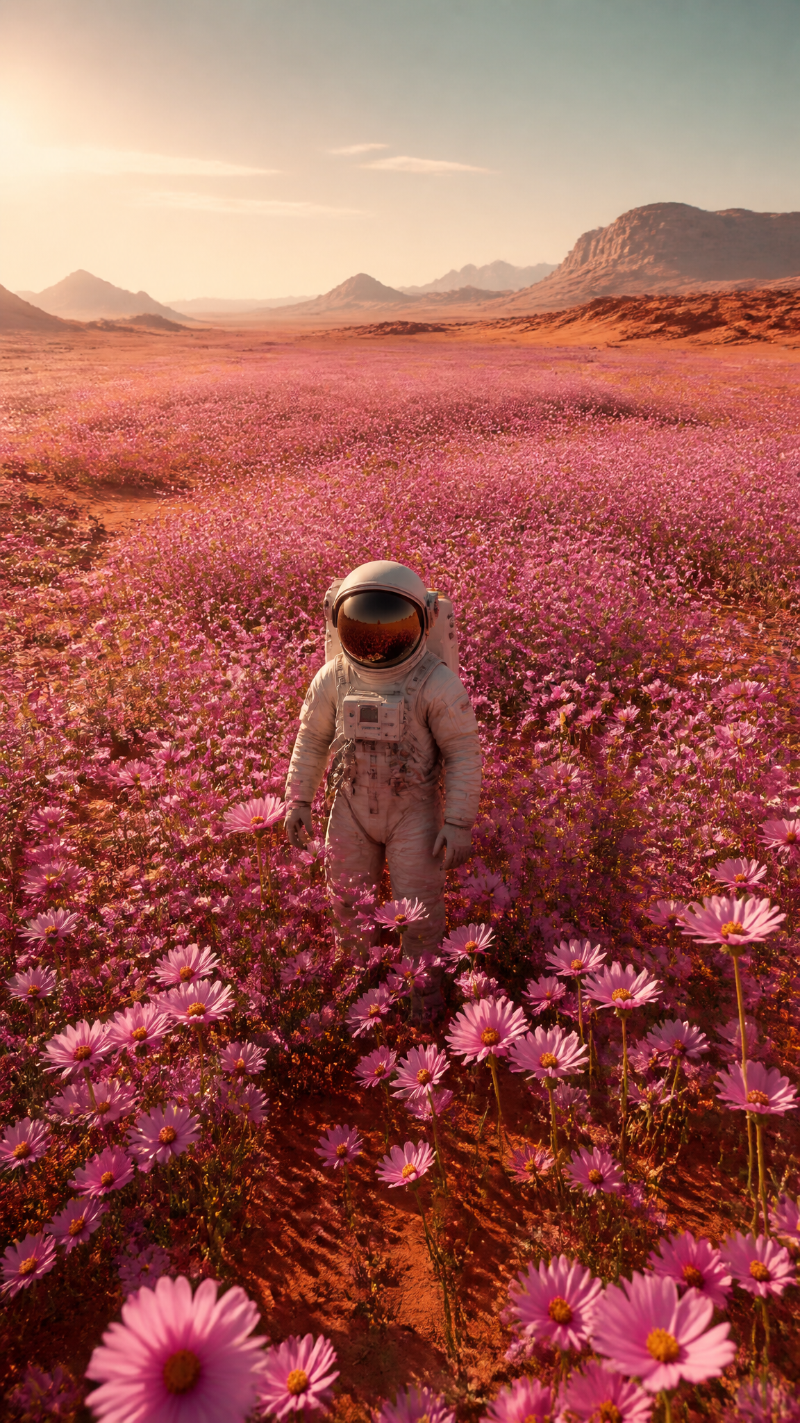 A highly detailed astronaut in a realistic, well-textured space suit standing at the cent…
