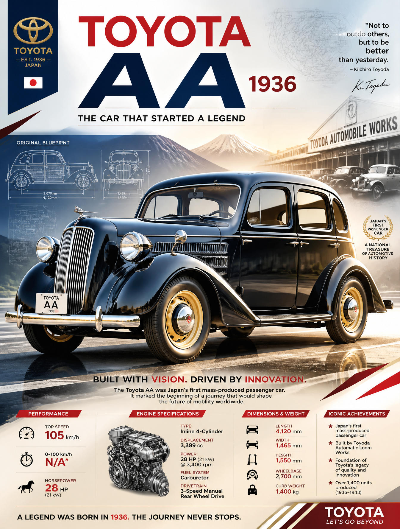 Create an epic premium automotive poster of [TOYOTA AA(1936)].Place the car as the heroic…