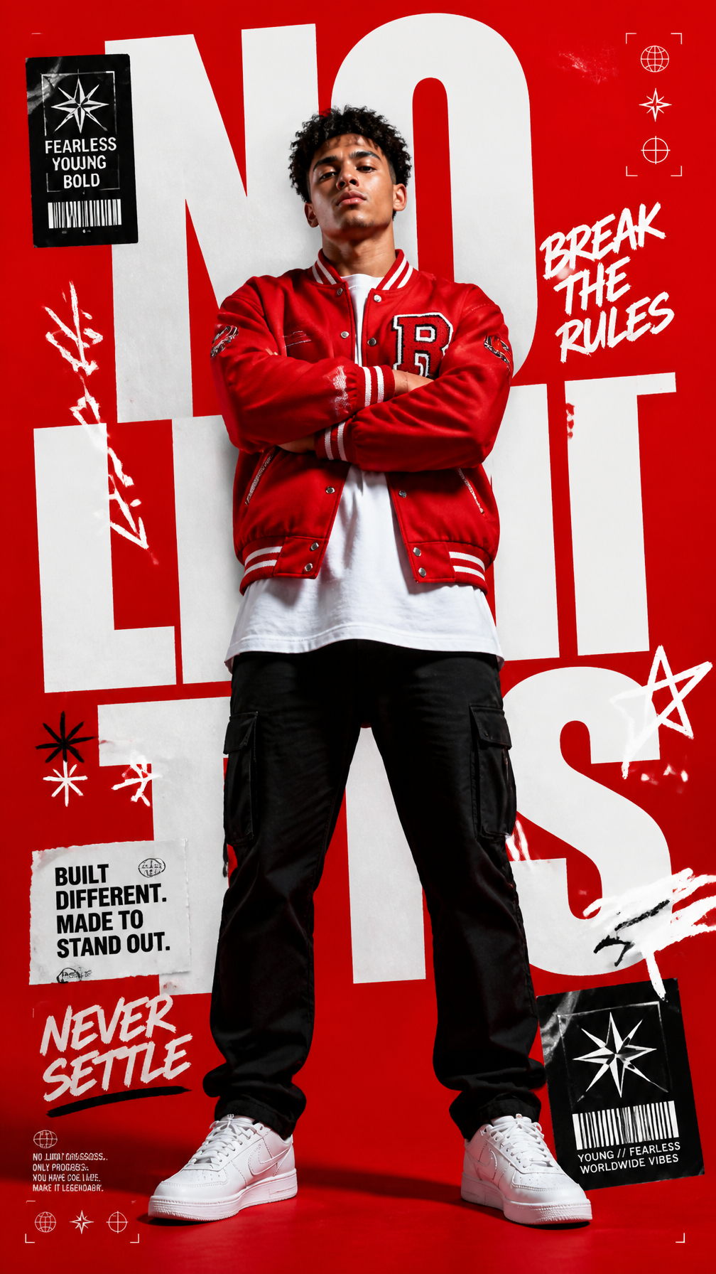 A premium 9:16 streetwear editorial advertising poster.Main Subject:A confident young mal…