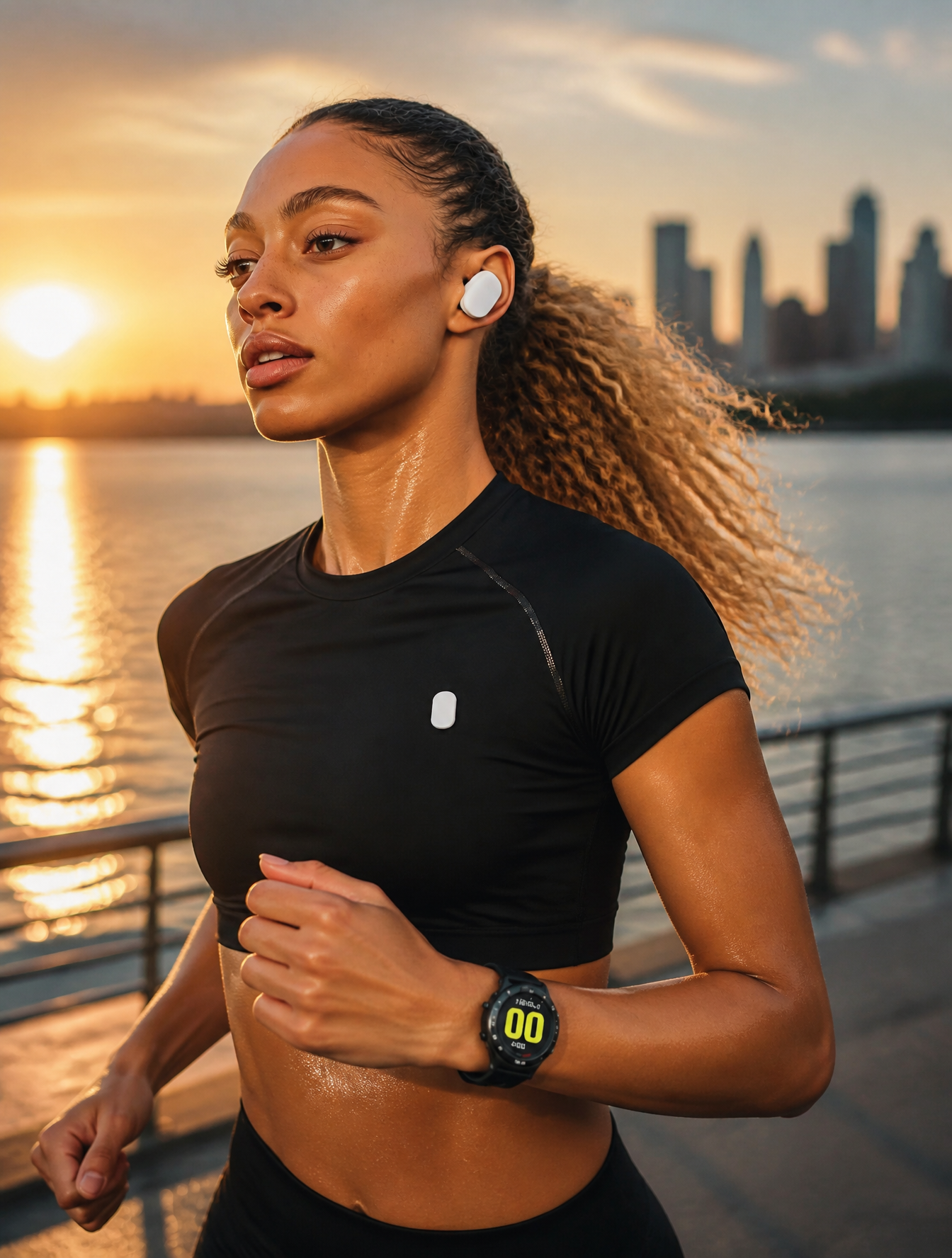 An athletic runner jogging along a waterfront at sunrise wearing premium wireless earbuds…