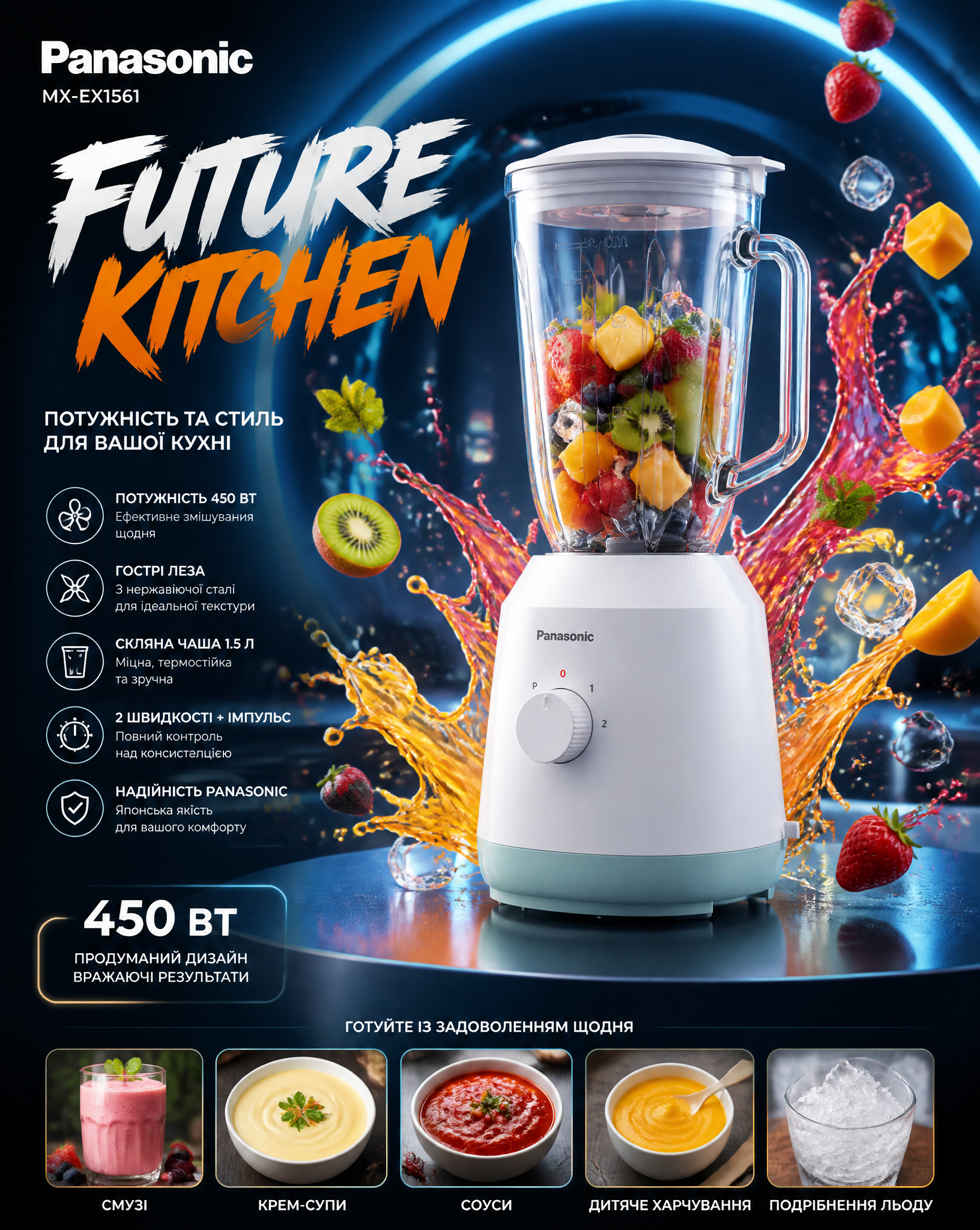 Ultra premium futuristic advertising poster for Panasonic blender MX-EX1561, vertical Ins…