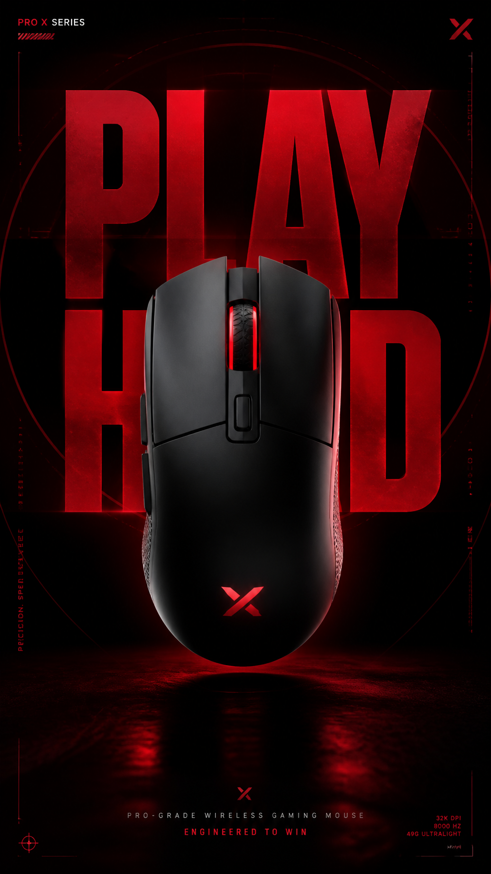 A premium technology advertising poster for a gaming mouse launch.Central Subject:A singl…